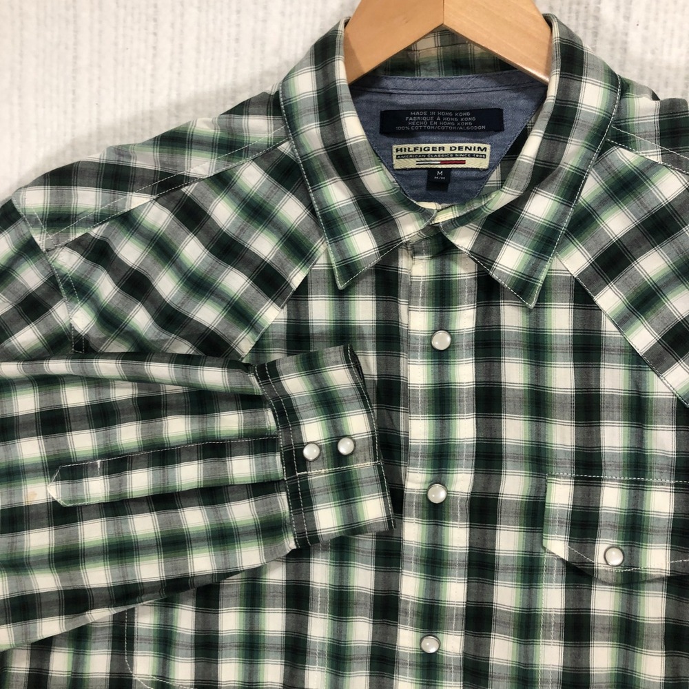 Hilfiger Denim Plaid‎ Western Shirt Long Sleeve Pearl Snap Green Black M